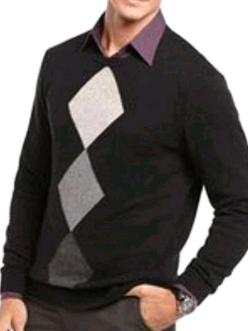 Perry Ellis Size XL Black Long Sleeve Ombre Argyle Crew Neck Sweater